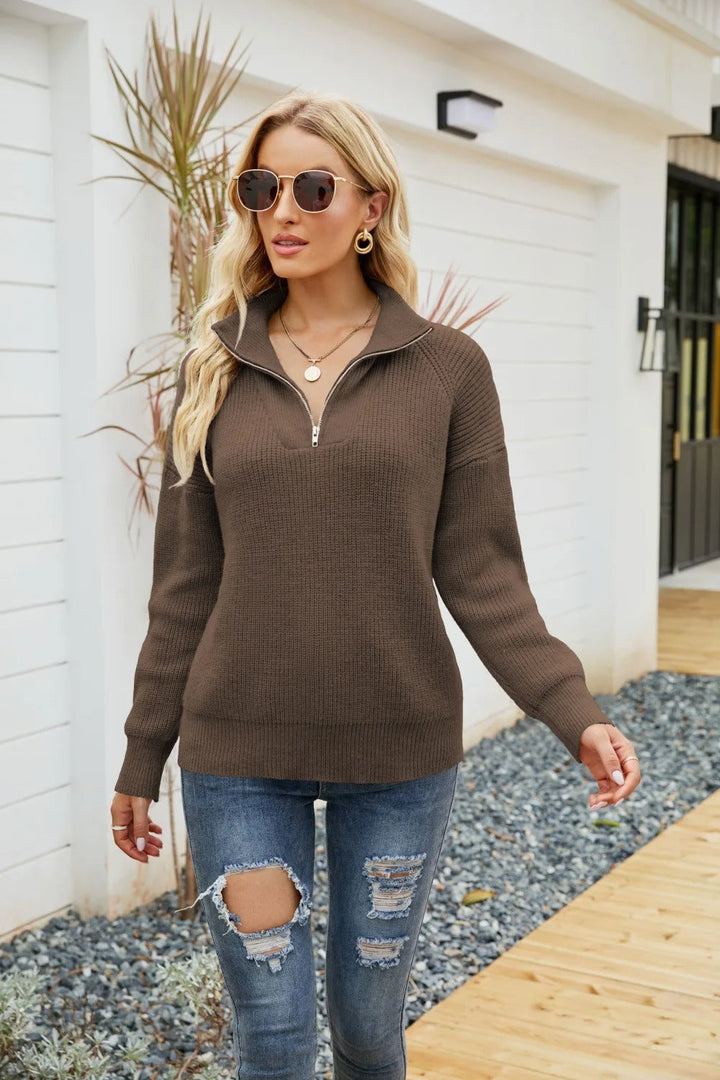 Chic Sienna half-zip sweater for women, stylish knit pullover, ideal for layering.
