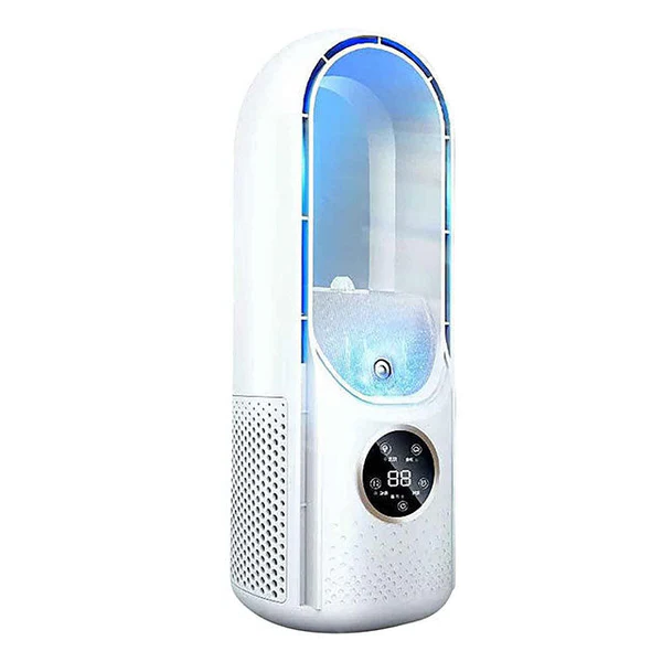 Silent portable bladeless air conditioner for personal cooling in home or office.