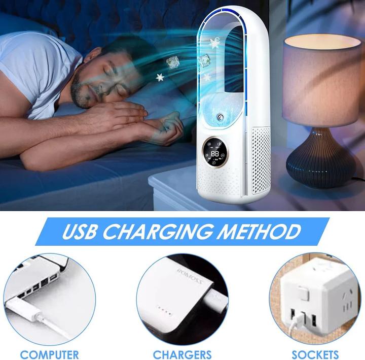 Adjustable speed silent mini AC, a portable summer essential for personal comfort.