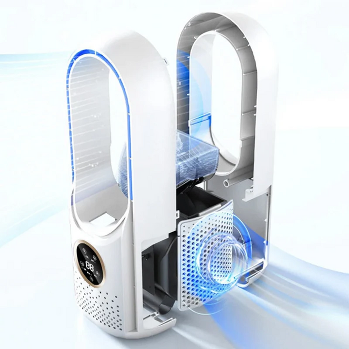 Unisex portable air conditioner, bladeless fan for personal comfort, USB powered.