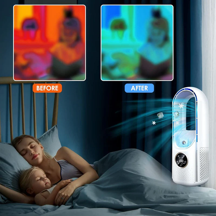 Portable mini AC, blade-free design with adjustable speed for summer comfort.