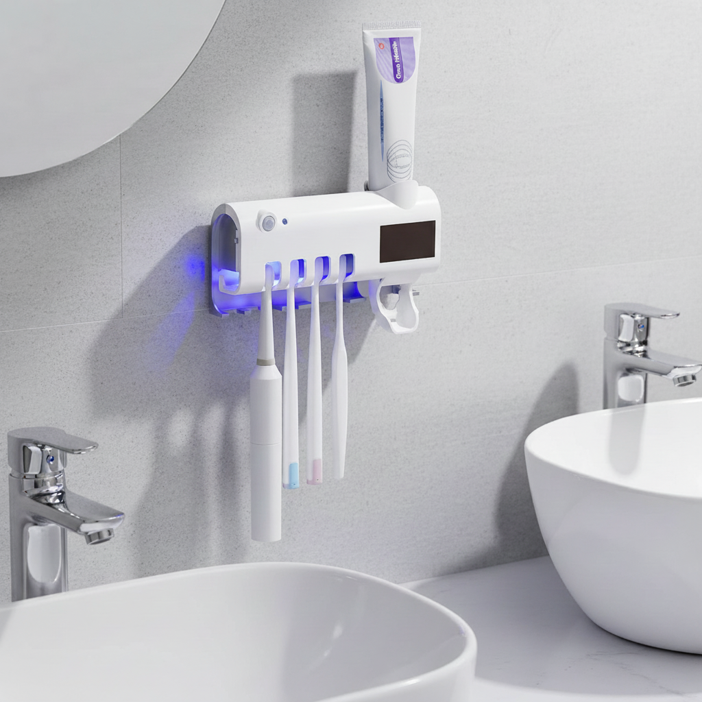 Silent UV toothbrush sterilizer for bathroom hygiene, PureSterra, wall mounted to save space.