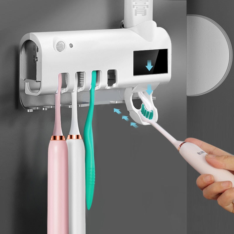 Close-up of PureSterra UV toothbrush sanitizer, wall mounted, promoting oral health.