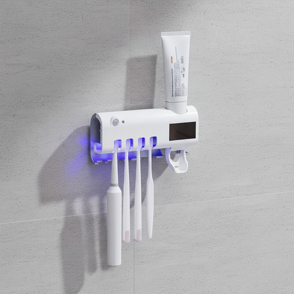 Sleek, silent UV toothbrush sterilizer by PureSterra, enhancing bathroom hygiene.