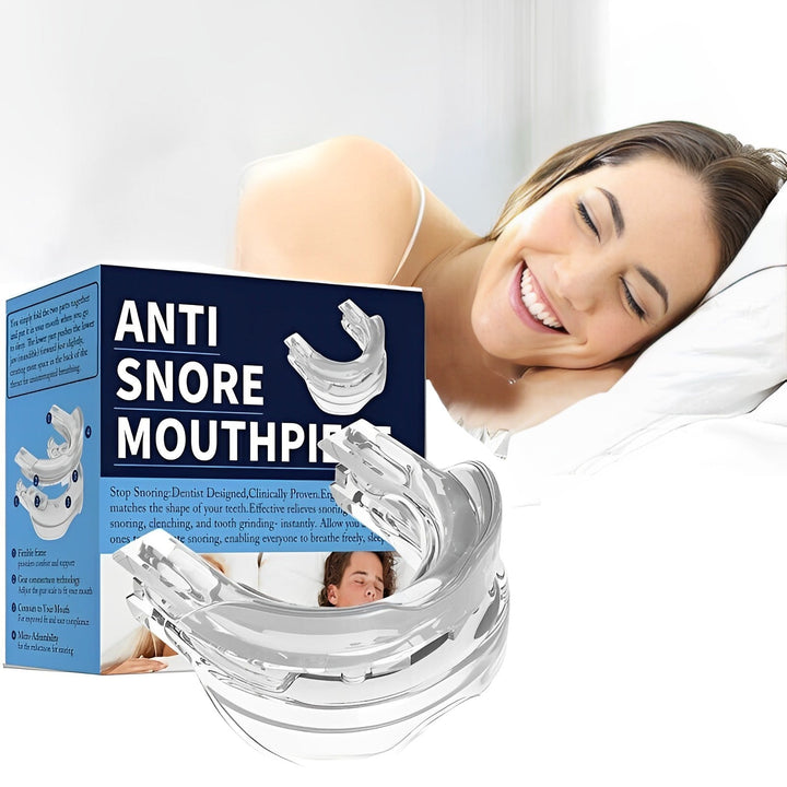 Silicone anti-snoring mouthpiece for sleep apnea relief. Reusable mouth guard for comfort sleep.