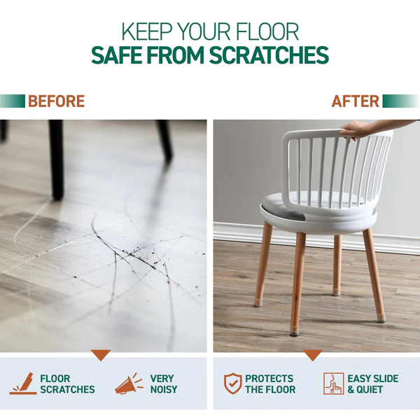 Home improvement protective chair leg floor protectors for quiet, scratch-free living & hardwood floor safety.