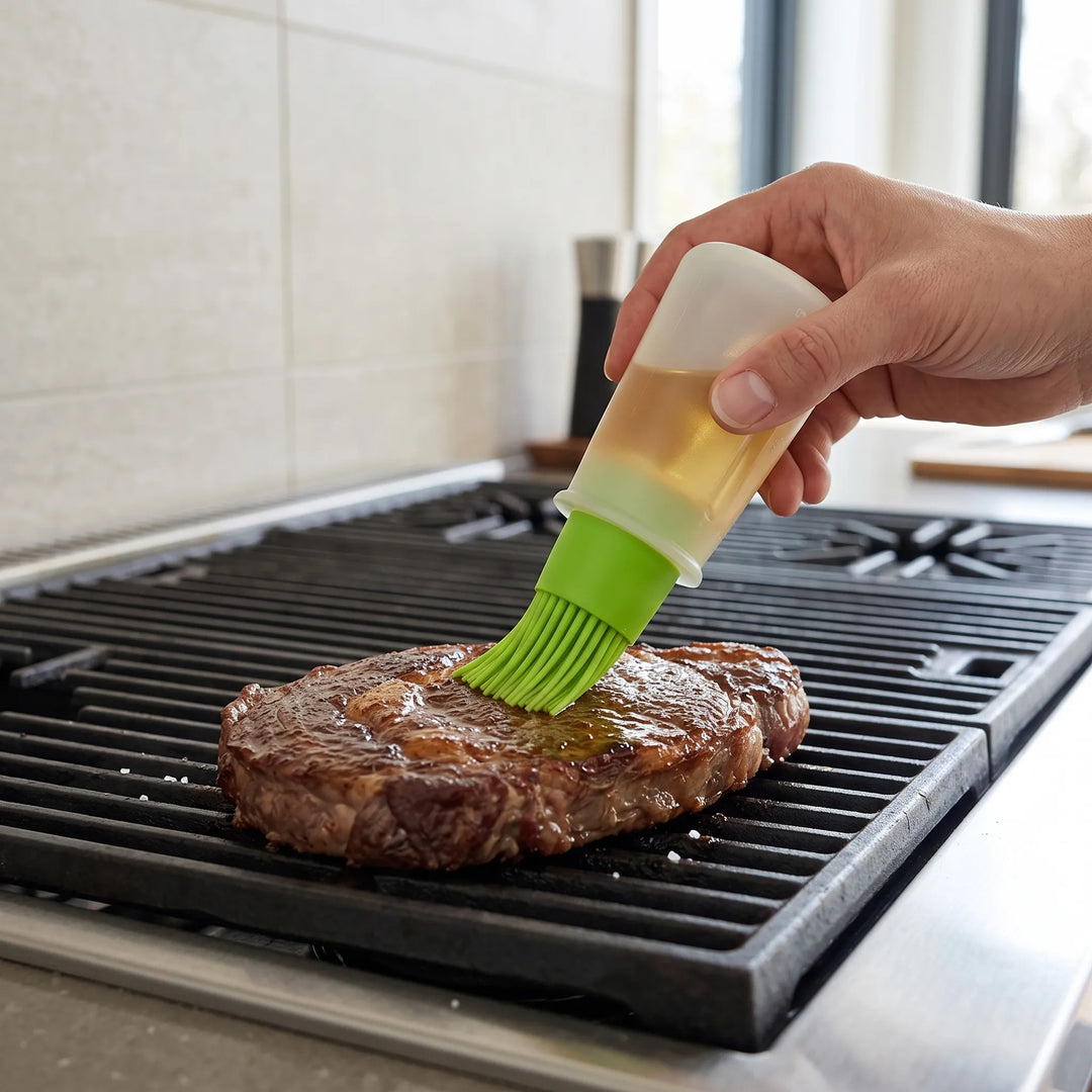 Silicone dispensing basting brush set for kitchen cooking, grilling, baking, and marinating. Essential BBQ tool.