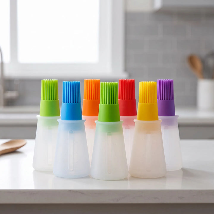 Ergonomic silicone basting brush for grilling, BBQ, and cooking. Integrated dispenser for marinades and sauces.