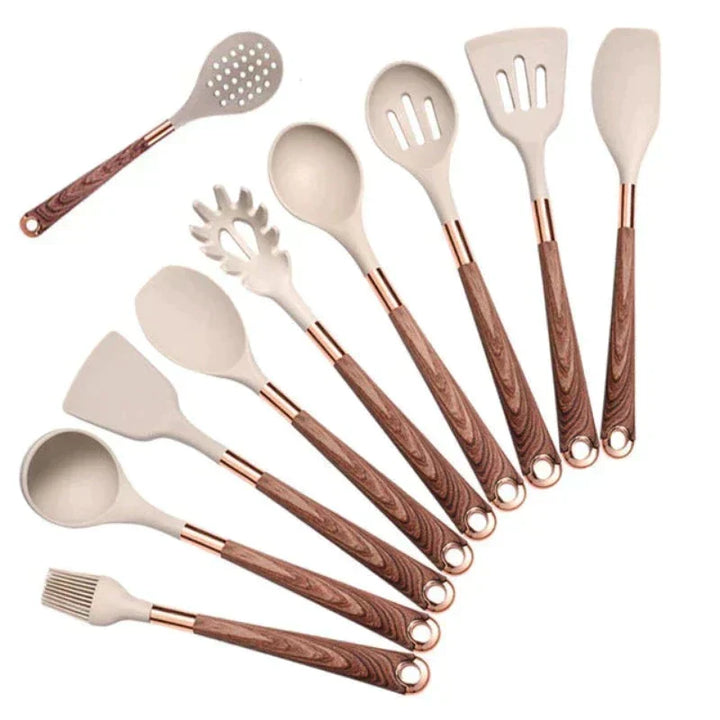 Silicone & wood handle kitchen utensil set, food safe cooking tools for home chefs.