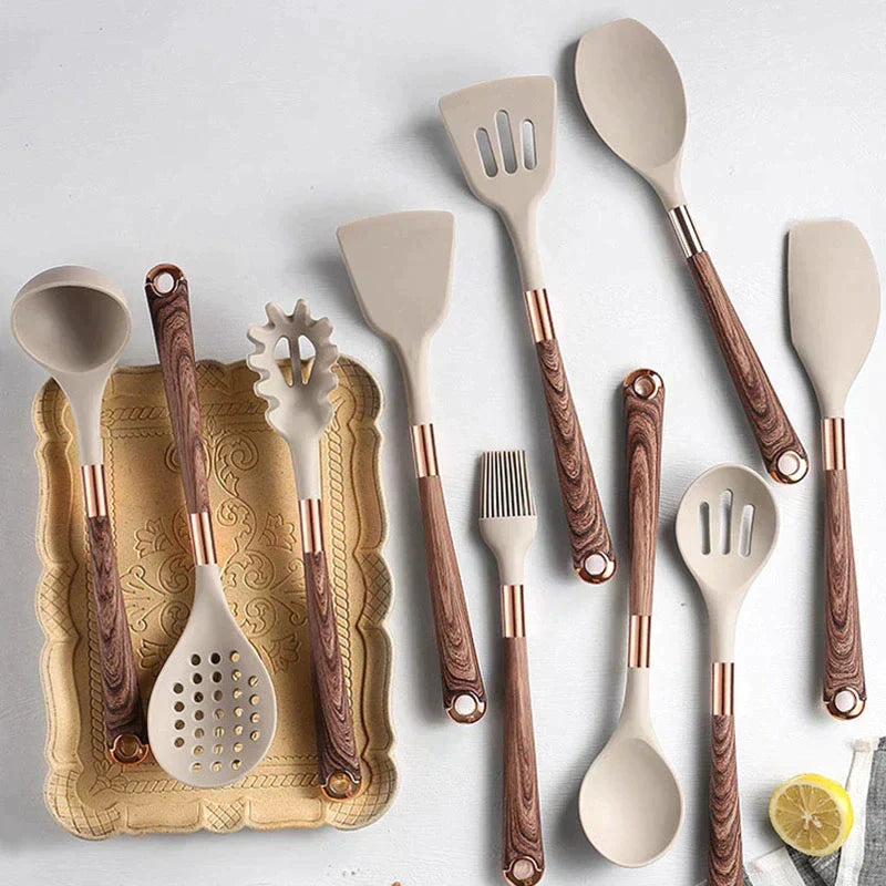 Complete silicone and wood handle cooking utensil set for everyday kitchen tasks.