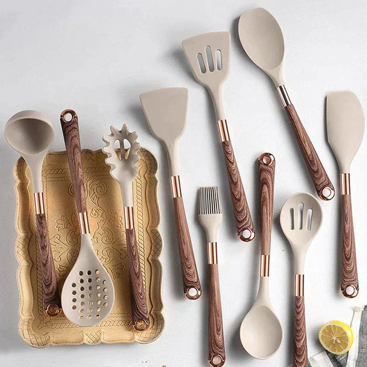 Complete silicone and wood handle cooking utensil set for everyday kitchen tasks.
