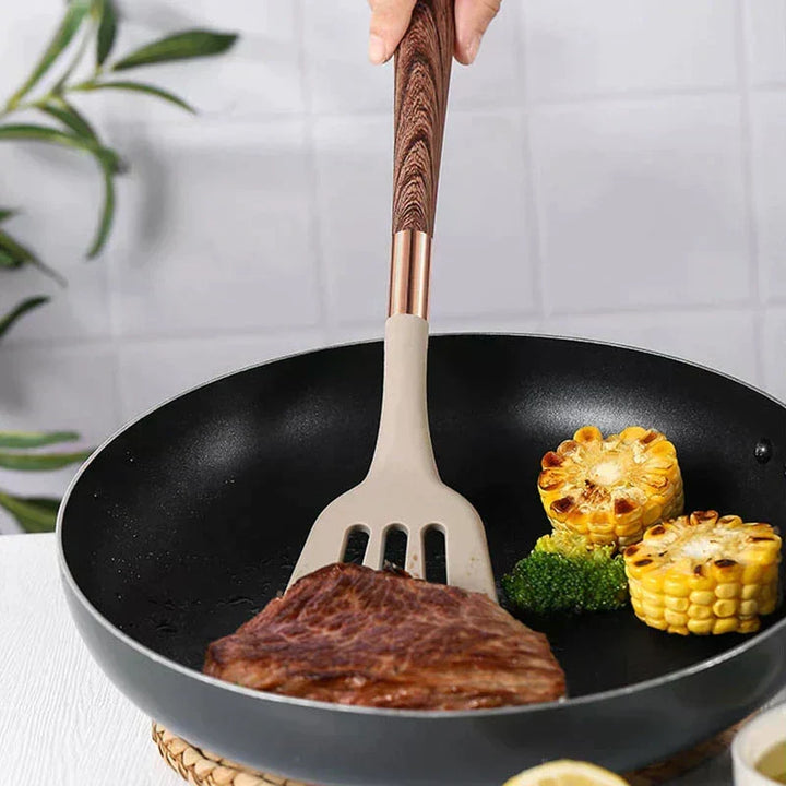 Premium silicone & wood kitchen utensil set, ideal for home chefs, safe for all cookware.
