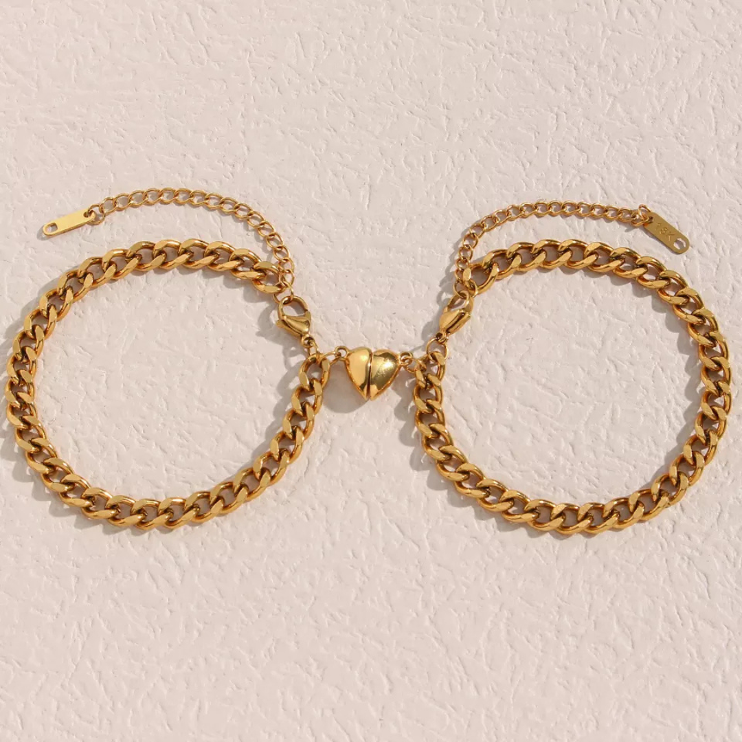 Close-up of a women's heart bracelet set, Liora, showcasing silver and gold fashion accessories