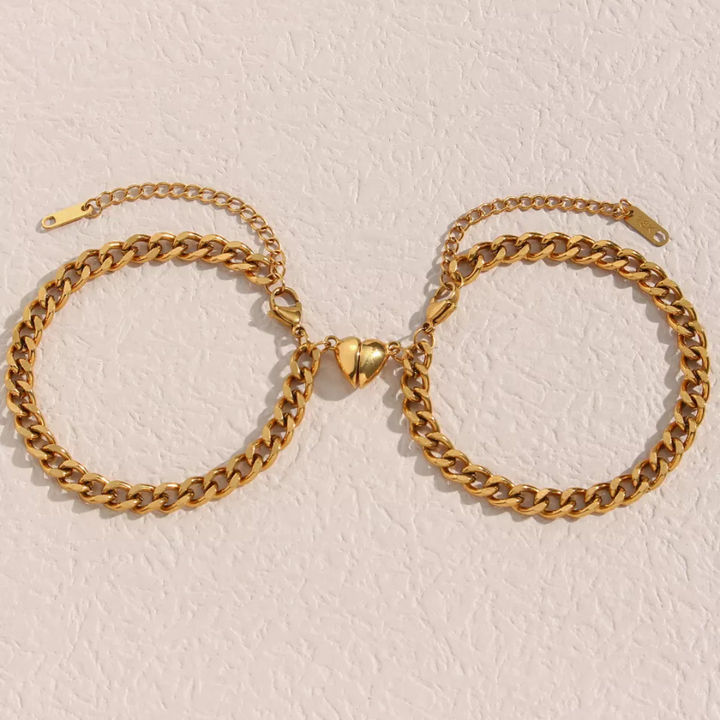 Close-up of a women's heart bracelet set, Liora, showcasing silver and gold fashion accessories