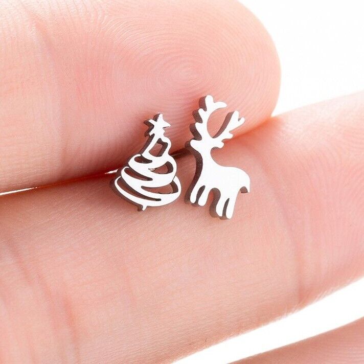 Silver Christmas tree stud earrings for women, festive holiday jewelry gift.