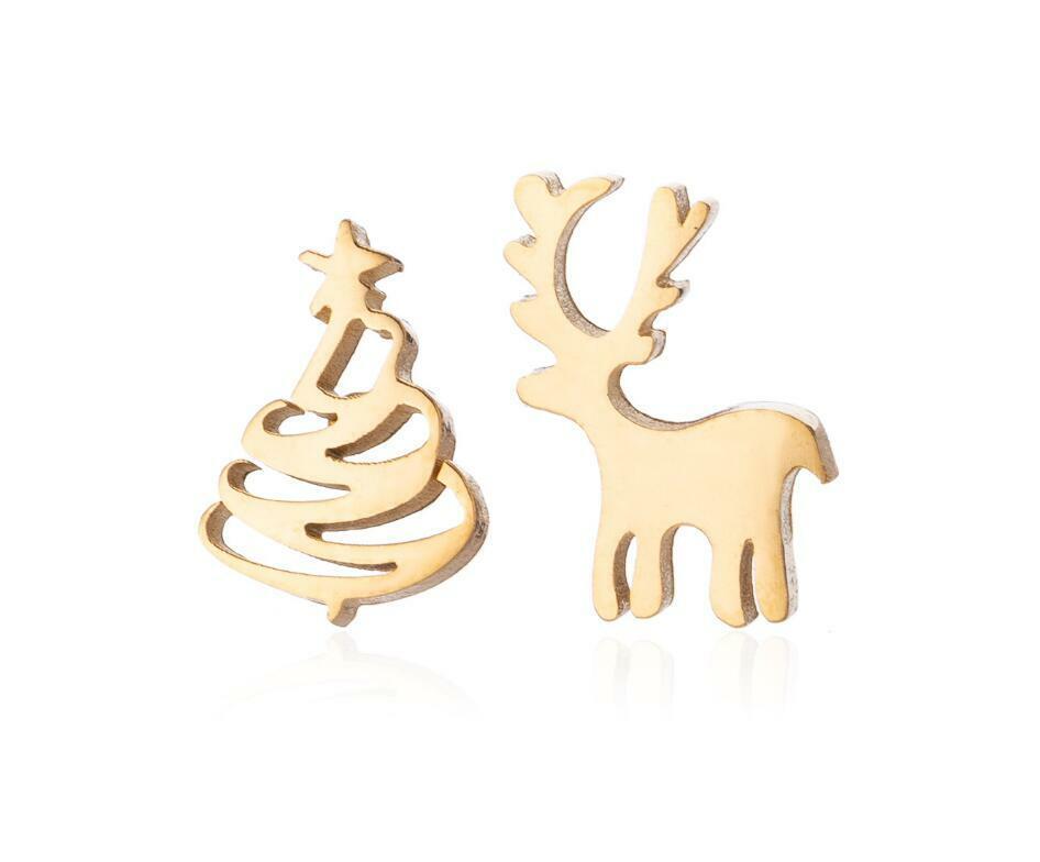Gold reindeer stud earrings for women, sparkling festive Christmas jewelry gift.