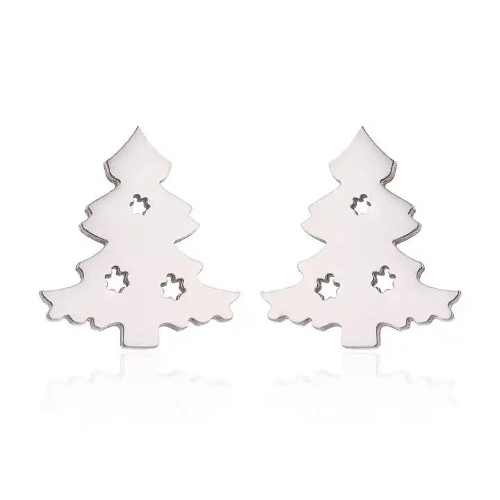 Silver-tone Christmas tree stud earrings, elegant women's festive holiday jewelry.