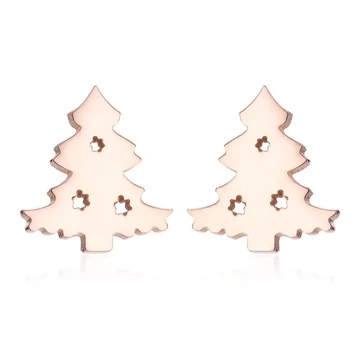 Women's Christmas stud earrings, silver tree or gold reindeer designs, festive holiday jewelry.