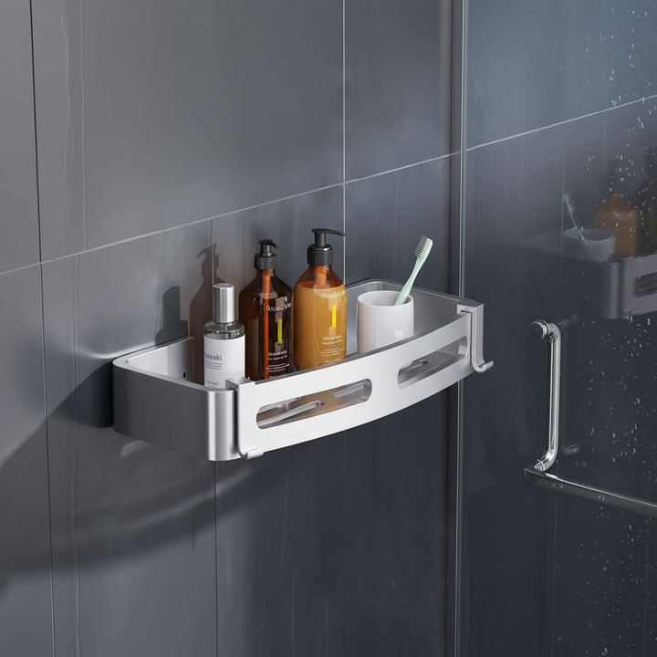Silver waterproof wall-mounted shower caddy for bathroom organization, no drill stainless steel storage