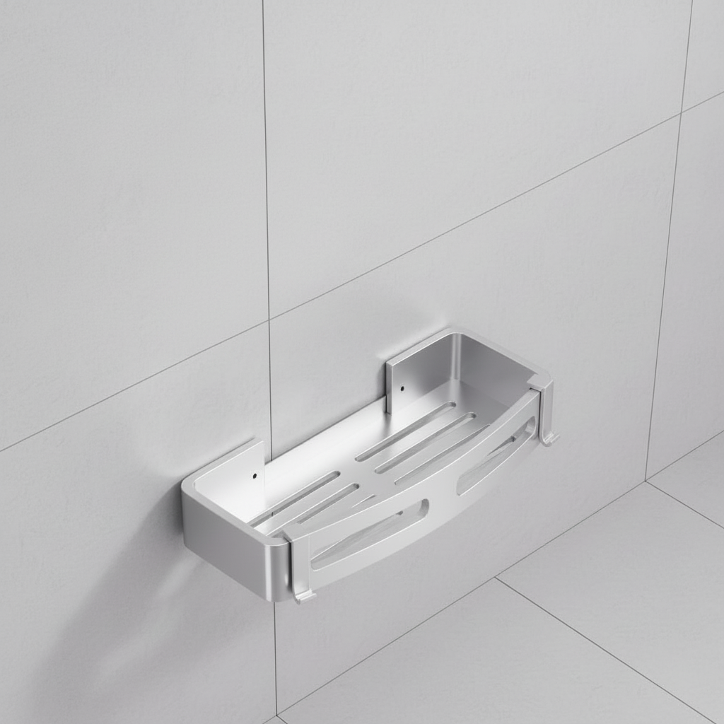 Close-up of BathRacko waterproof shower shelf, brushed stainless steel, ideal for drill-free mounting