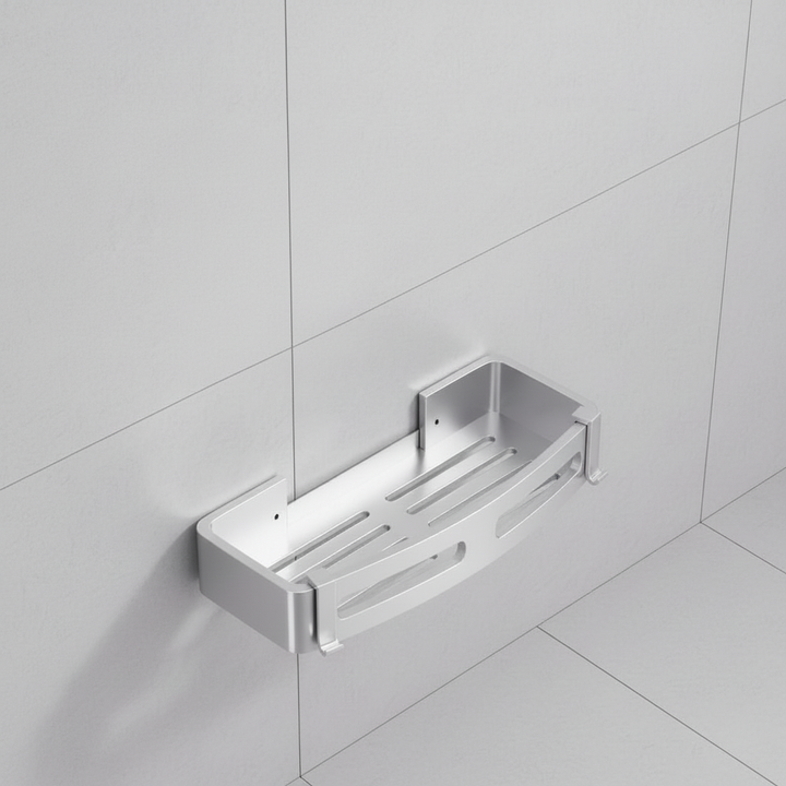 Close-up of BathRacko waterproof shower shelf, brushed stainless steel, ideal for drill-free mounting