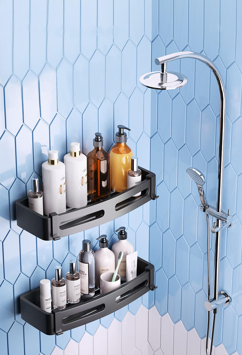 Detail of the no-drill installation for the waterproof stainless steel shower shelf by BathRacko