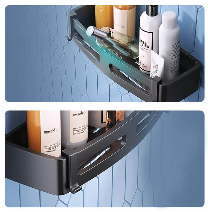 Sleek silver bathroom caddy, wall-mounted and waterproof, maximizing shower storage space