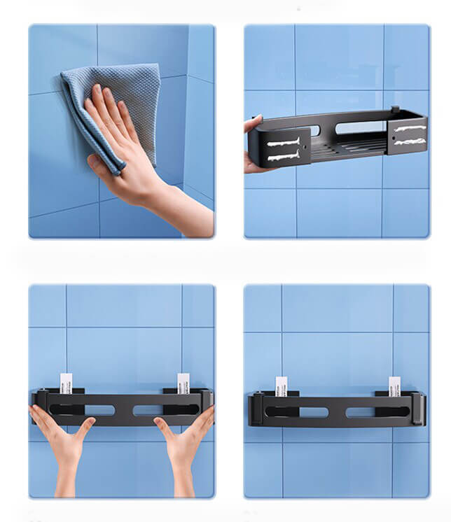 BathRacko waterproof shower organizer in stainless steel, holding bath accessories neatly and securely
