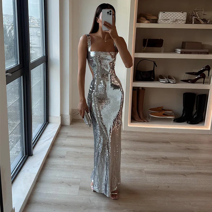 Silvery elegant maxi dress for women, perfect as an evening gown or formal party wear.