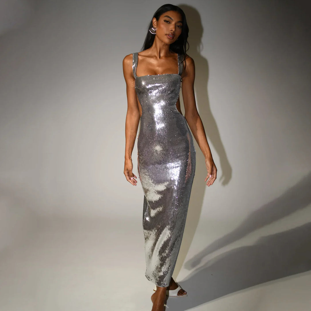 Shimmering silvery long maxi dress for women, ideal for special occasion formal wear.