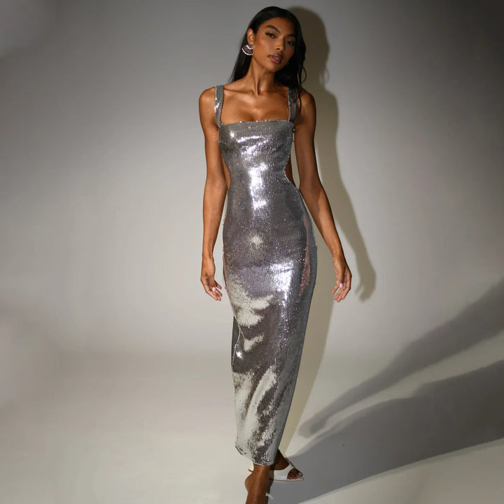 Shimmering silvery long maxi dress for women, ideal for special occasion formal wear.
