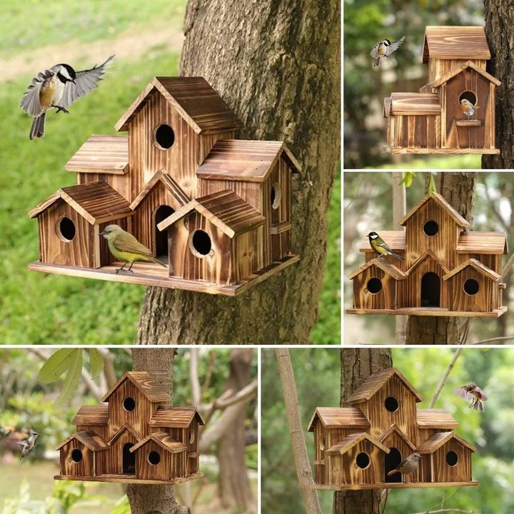 Six-entrance wooden birdhouse for garden birds, ideal for multi-family nesting & outdoor decor.