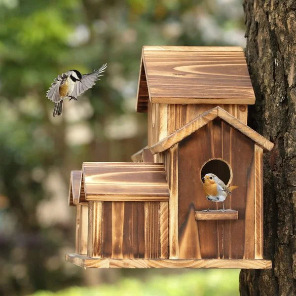 Handmade eco-friendly wooden birdhouse with 6 entrances, perfect wildlife sanctuary for garden birds.