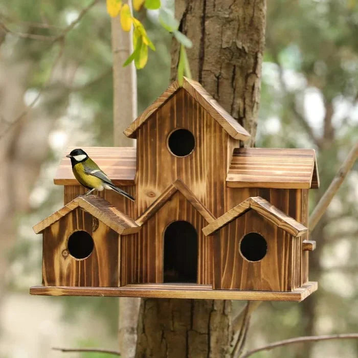 Six-entrance wooden birdhouse, perfect garden decor to provide a safe nesting home for small birds.