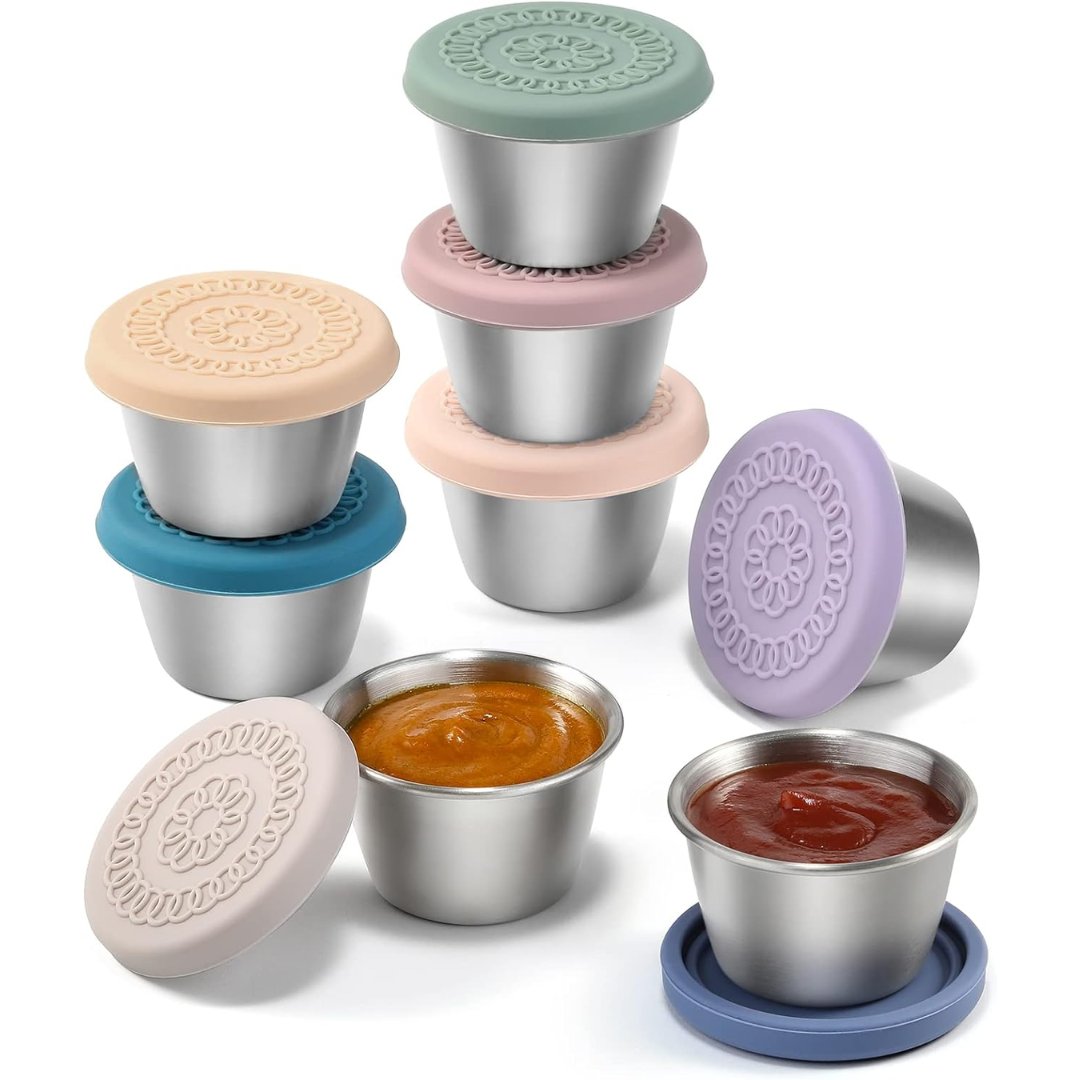 Six leakproof stainless steel sauce cups, ideal for meal prep & lunch boxes