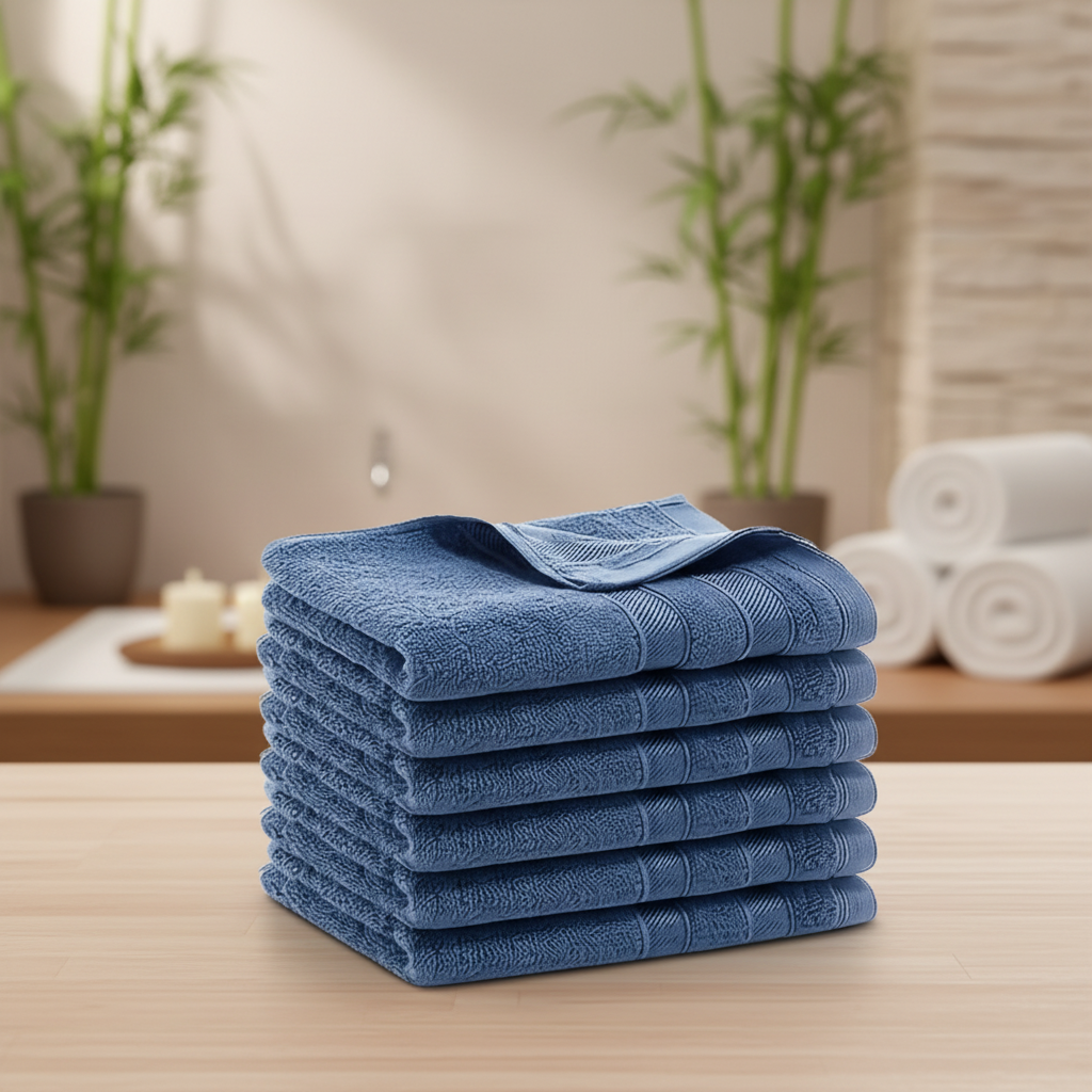 Six-piece bamboo fiber towel set by BambooLine in white, close-up of soft, absorbent knit.