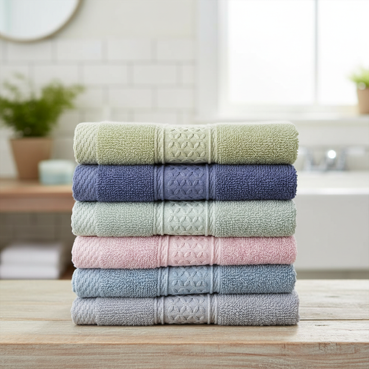 Six-piece cotton towel set in rustic decor bathroom, absorbent and soft home linen