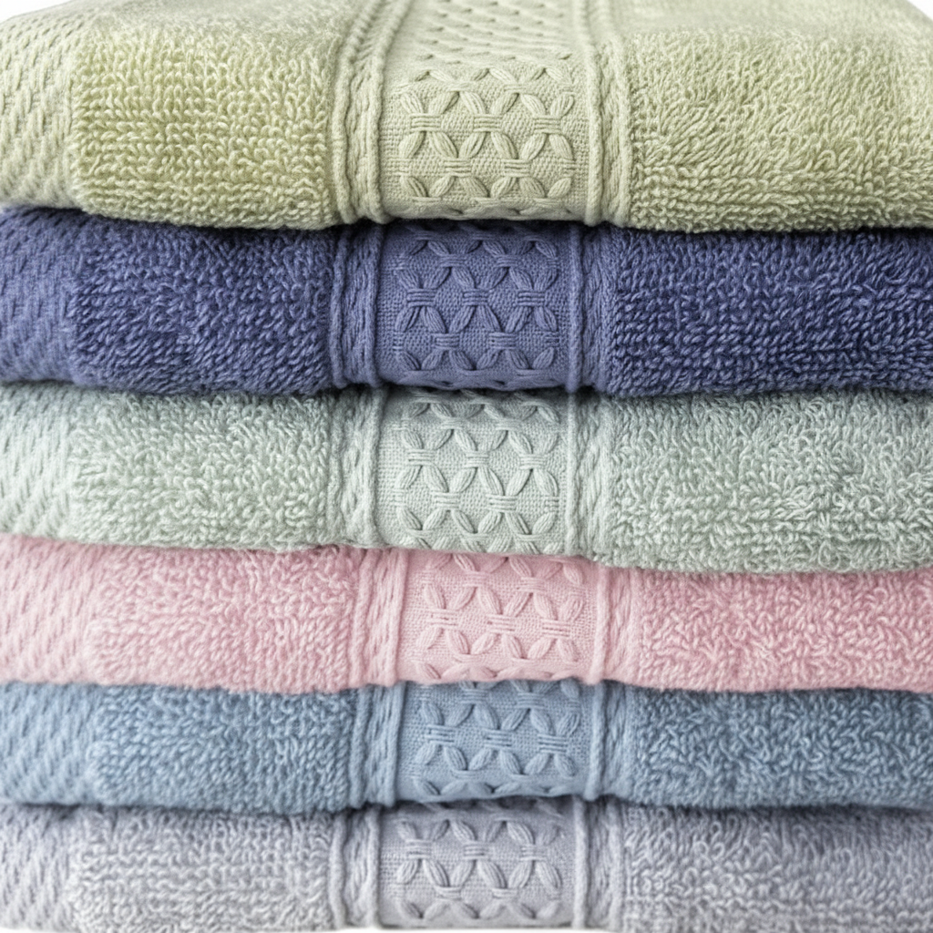 Close-up of soft and absorbent cotton towel from a six-piece set, home linen
