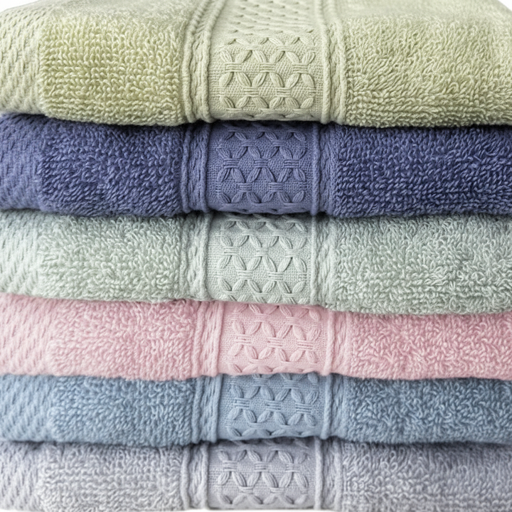 Close-up of soft and absorbent cotton towel from a six-piece set, home linen