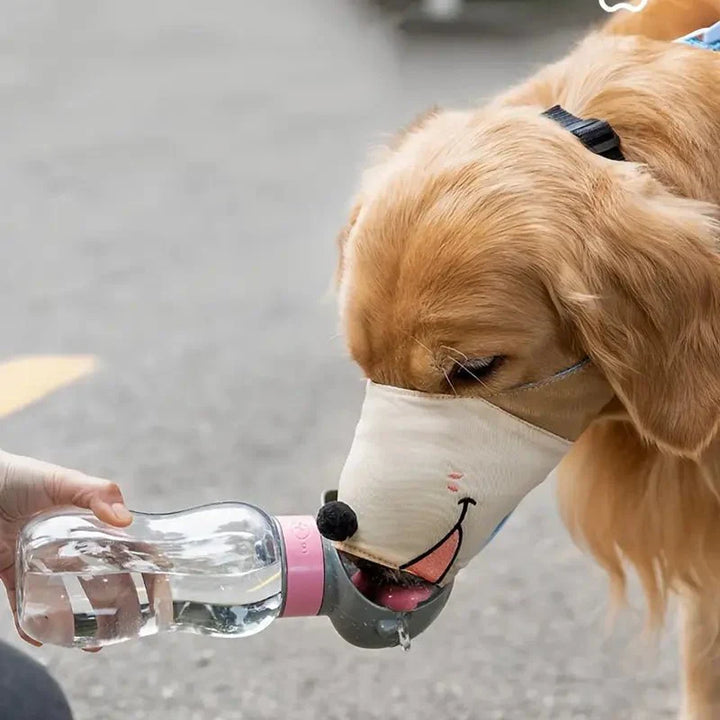 Comfortable & breathable sky blue dog muzzle with adjustable straps for safe dog training. Features a fun cartoon.