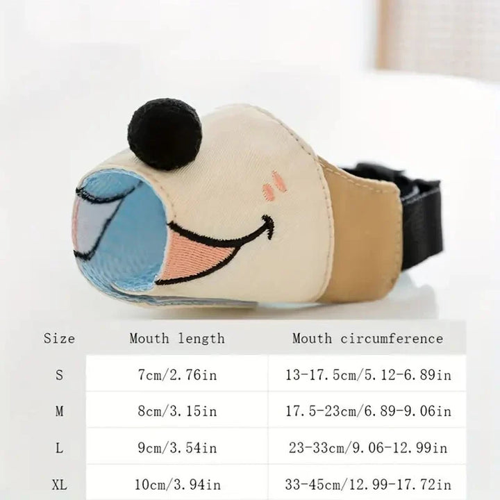 Comfortable light brown dog muzzle with cartoon design. Breathable, adjustable & safe for all training needs.