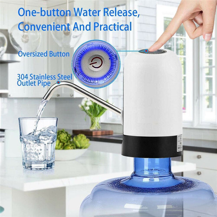 Compact automatic water pump delivering quick hydration in an office setting from a universal 5 gallon bottle.