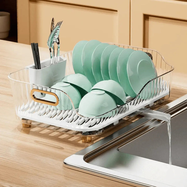 Sleek DryEase Modern Kitchen Dish Drying Rack with cutlery holder, perfect for efficient countertop organization.