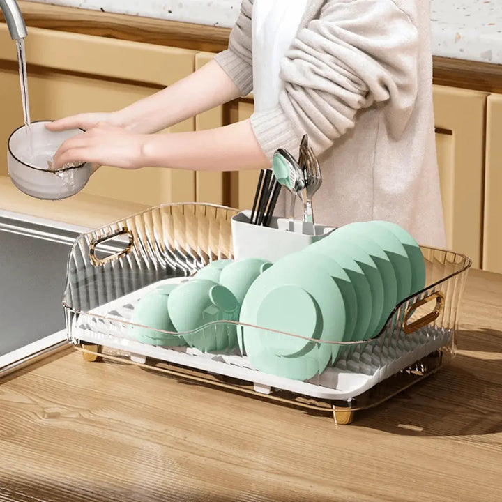 Space-saving DryEase modern kitchen dish rack, an essential countertop organizer with integrated cutlery holder.