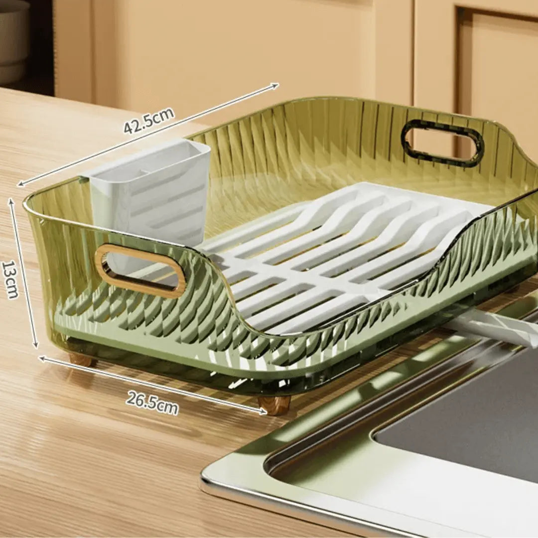 Elegant DryEase dish drying rack for modern kitchens, with a sturdy frame and dedicated cutlery holder.