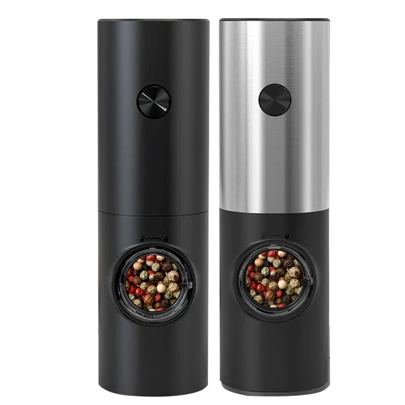 Sleek electric salt & pepper mill set. Stainless steel automatic grinders for kitchen seasoning.