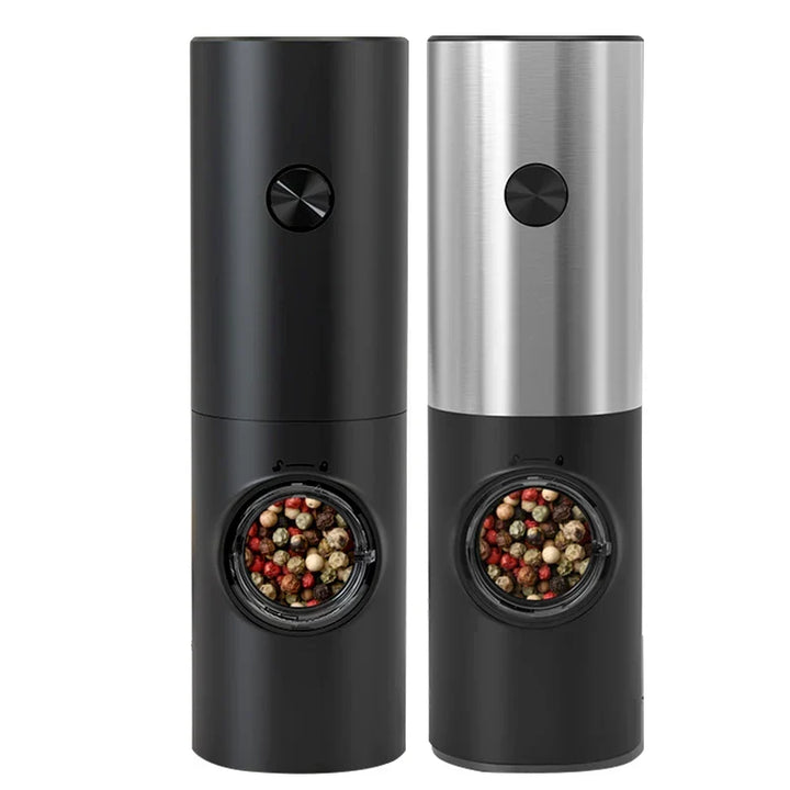 Sleek electric salt & pepper mill set. Stainless steel automatic grinders for kitchen seasoning.