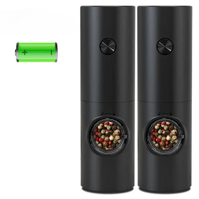Essential cooking tool: electric stainless steel salt and pepper mills. Automatic spice grinding.