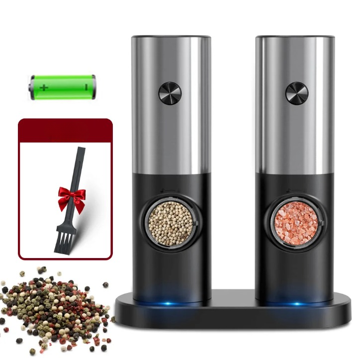Elegant electric salt & pepper mill set. Brushed stainless steel automatic grinders for kitchen.