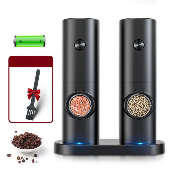 Automatic spice grinder set. Electric salt & pepper mills in stainless steel for home cooking.